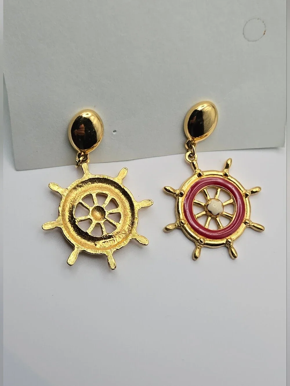 Avon Gold & Red Nautical Ship Wheel Earrings Vintage Style